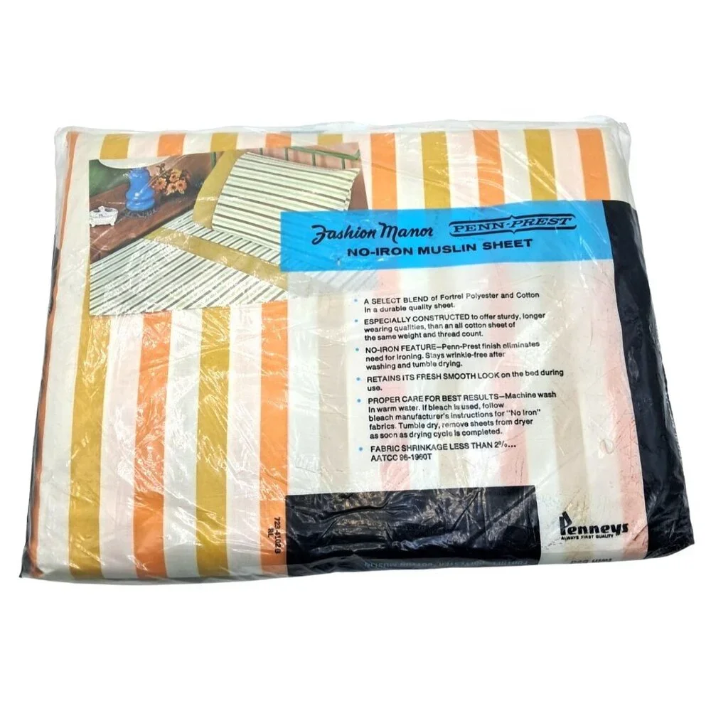 Penneys Fashion Manor Bedding Set Twin Marigold Yellow Striped Vintage 3pc New